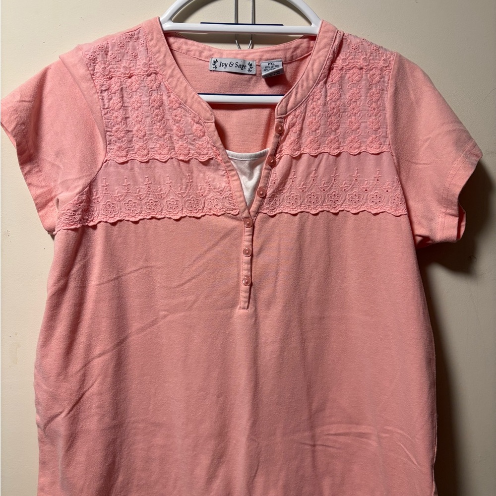 Pink Lace Yoke Short Sleeve Tee